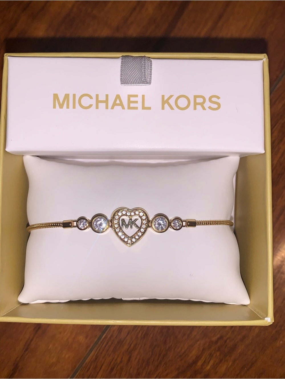 Michael Kors Gold Heart Logo Bracelet with Clear Crystals